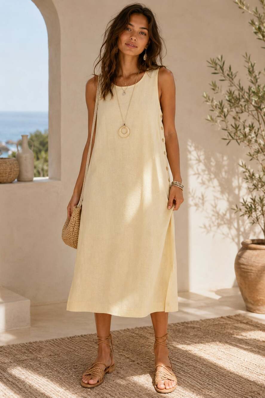 Vintage Butter Yellow Linen Blend Minimalist Midi Dress Petite 8